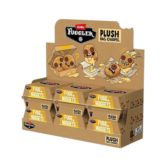 Seven variations of Fuggler Fugg Nuggets plush keyrings featuring funny-ugly monster faces with human-like teeth on fuzzy chicken nugget shapes.