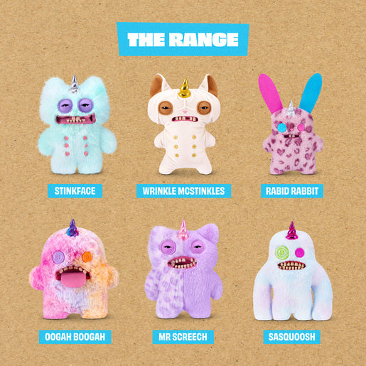 Collection of colorful plush toys with names on a brown background