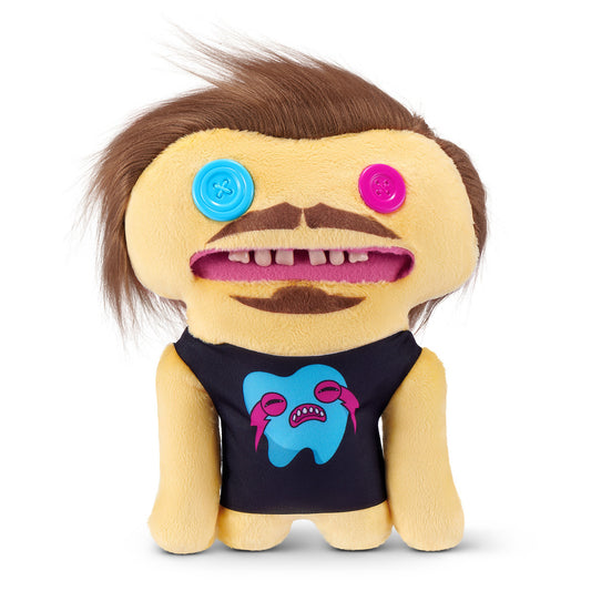 Fuggler Fuggstars Series 2 Mr. Fugg plush wearing a black tank top with a blue graphic, featuring brown hair, a moustache, mismatched pink and blue button eyes, and human-like teeth.