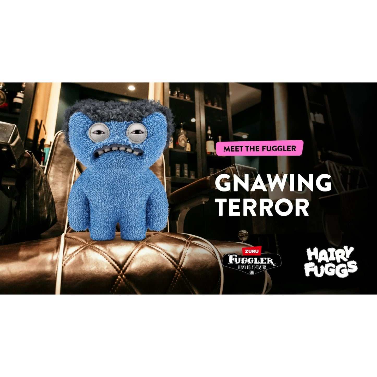 Gnawing Terror Fuggler Hairy Fuggs plush with wild hairy wig and teeth marketing photo