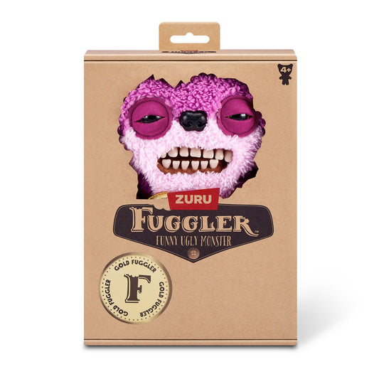 Box of Fuggler Gold Fuggs Series 1 Teddy Bear Nightmare 9-inch plush featuring pink fuzzy fur, realistic teeth, and a golden pleather heart.