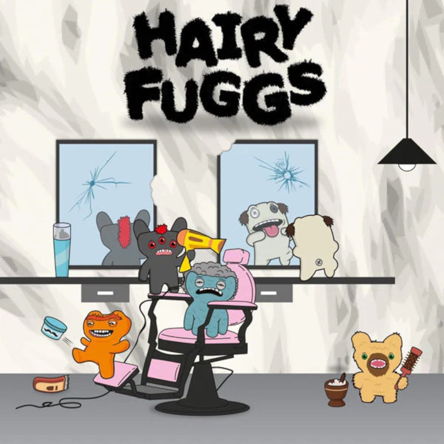 Cartoon characters in a barber shop with 'Hairy Fuggs' text above.