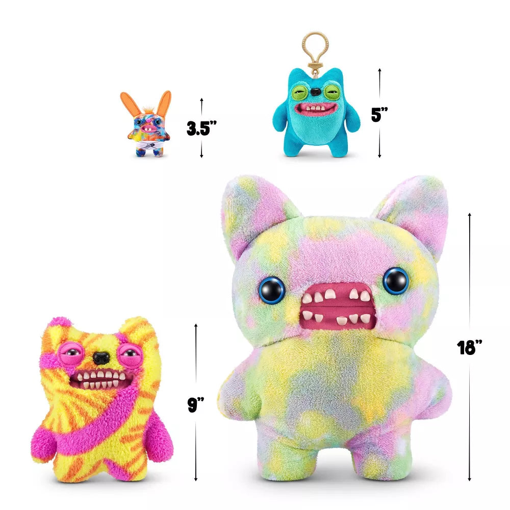 Colorful plush toys with measurements on a white background