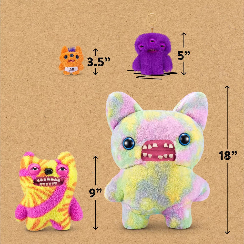 Colorful plush toys with measurements on a brown background