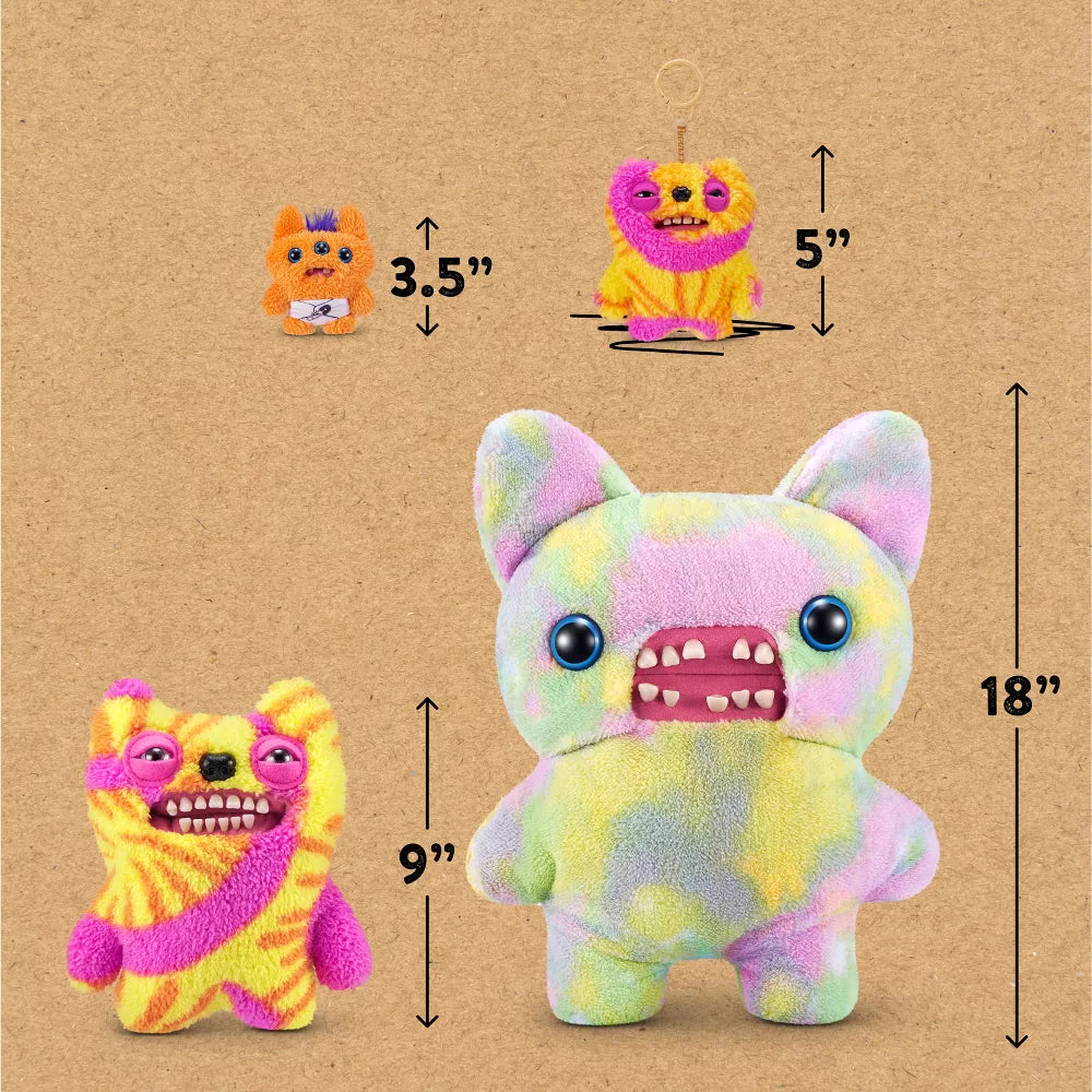 Colorful plush toy with measurements on a brown background