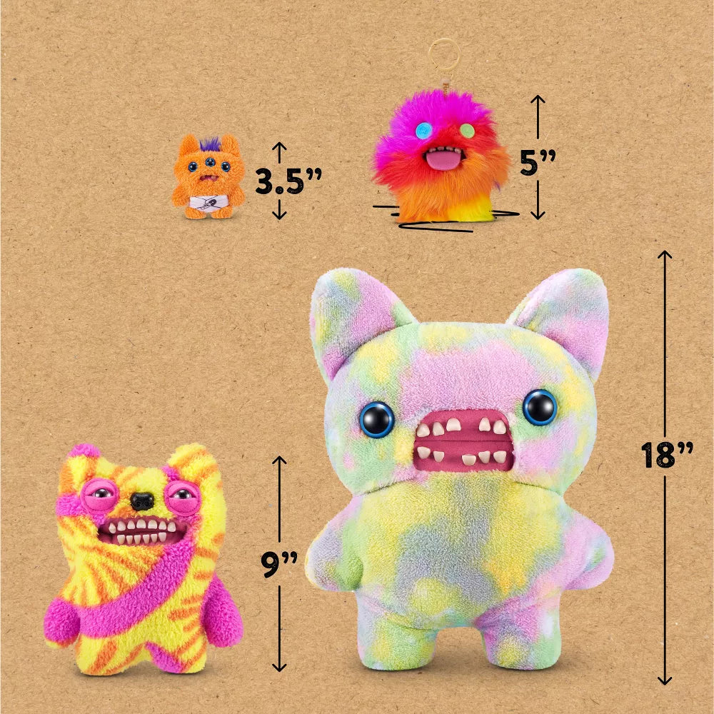 Colorful plush toy with size measurements on a brown background