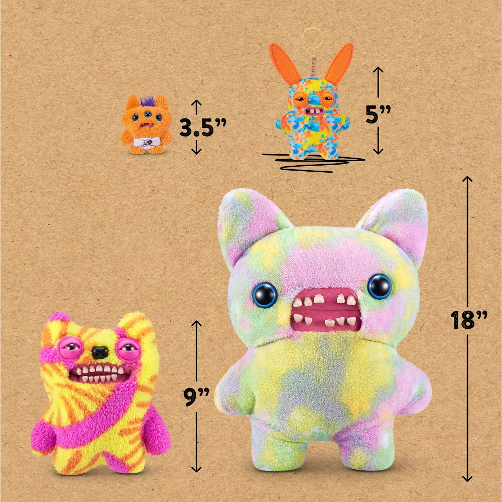 Colorful plush toys with measurements on a brown background