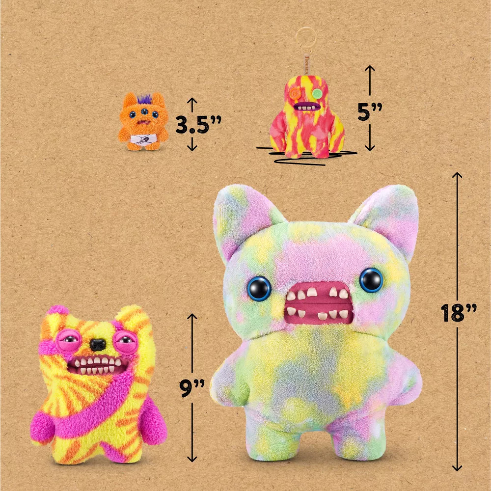 Colorful plush toy with measurements on a brown background