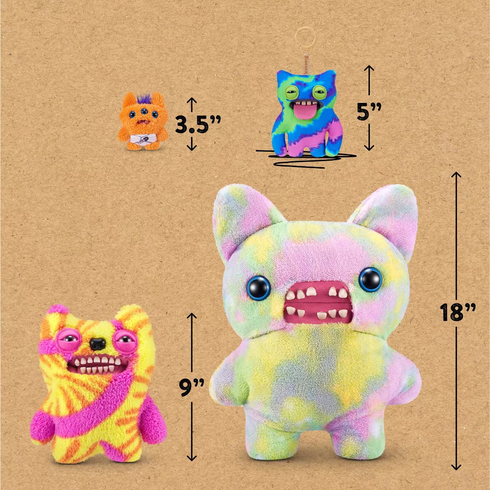Colorful plush toys with measurements on a brown background