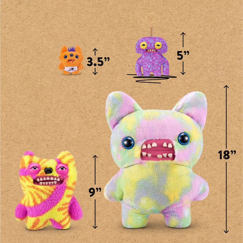 Colorful plush toys with measurements on a brown background