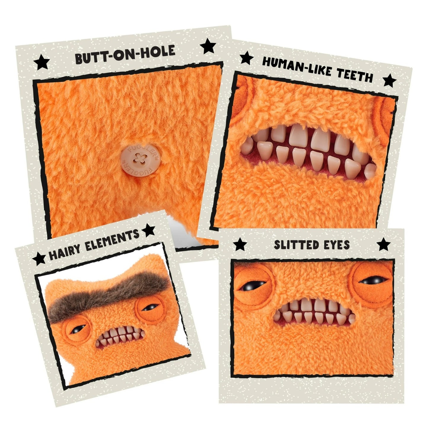 Hairy Fuggs Munch Munch Fuggler plush with monobrow and creepy teeth close up