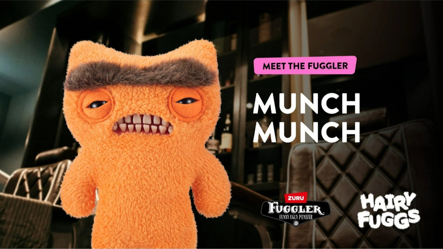 Hairy Fuggs Munch Munch Fuggler plush with monobrow and creepy teeth marketing by zuru