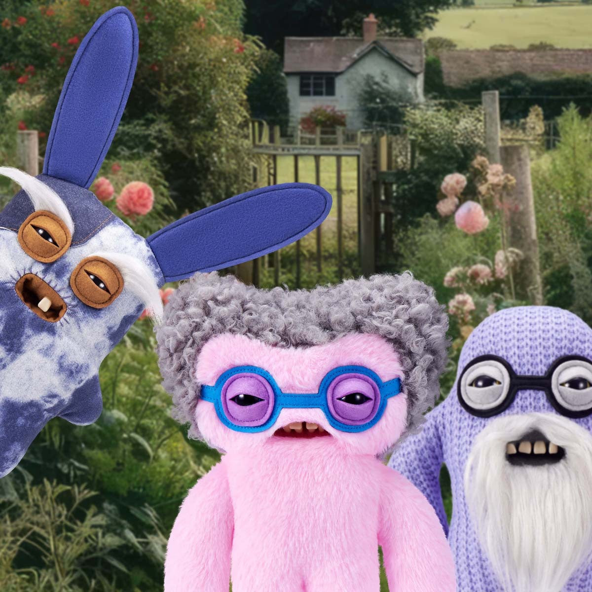 Three Fuggler Old Fogies plush with animal-like features in a garden setting.