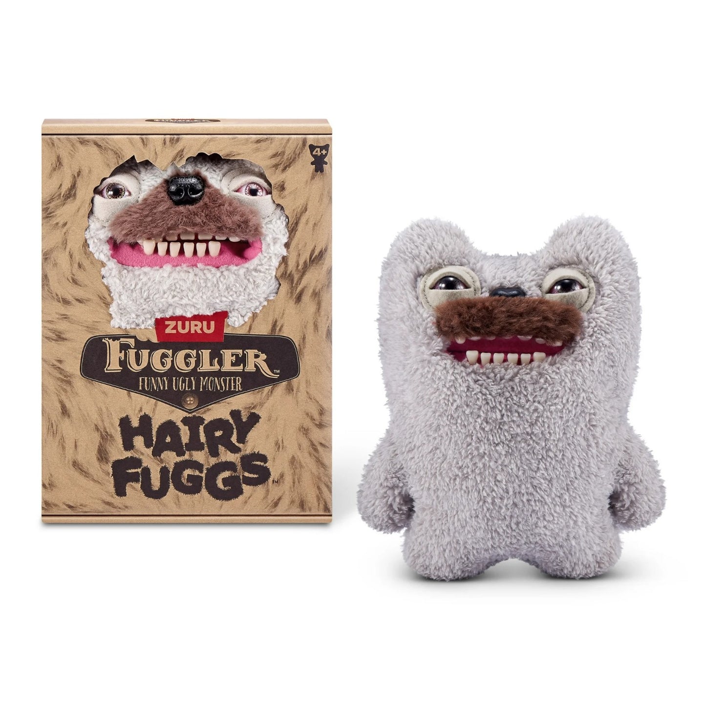 Hairy Fuggs Old Tooth Fuggler plush with grey fur and prominent moustache beside display box Zuru
