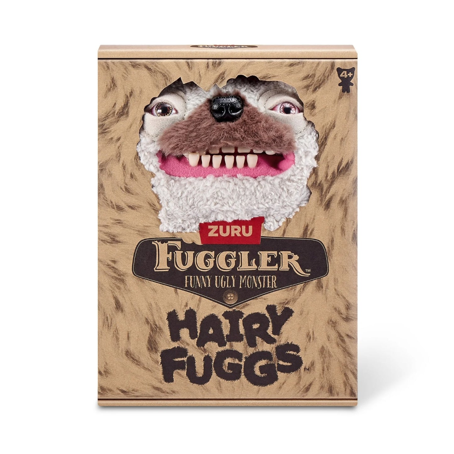 Hairy Fuggs Old Tooth Fuggler plush with grey fur and prominent moustache in display box Zuru