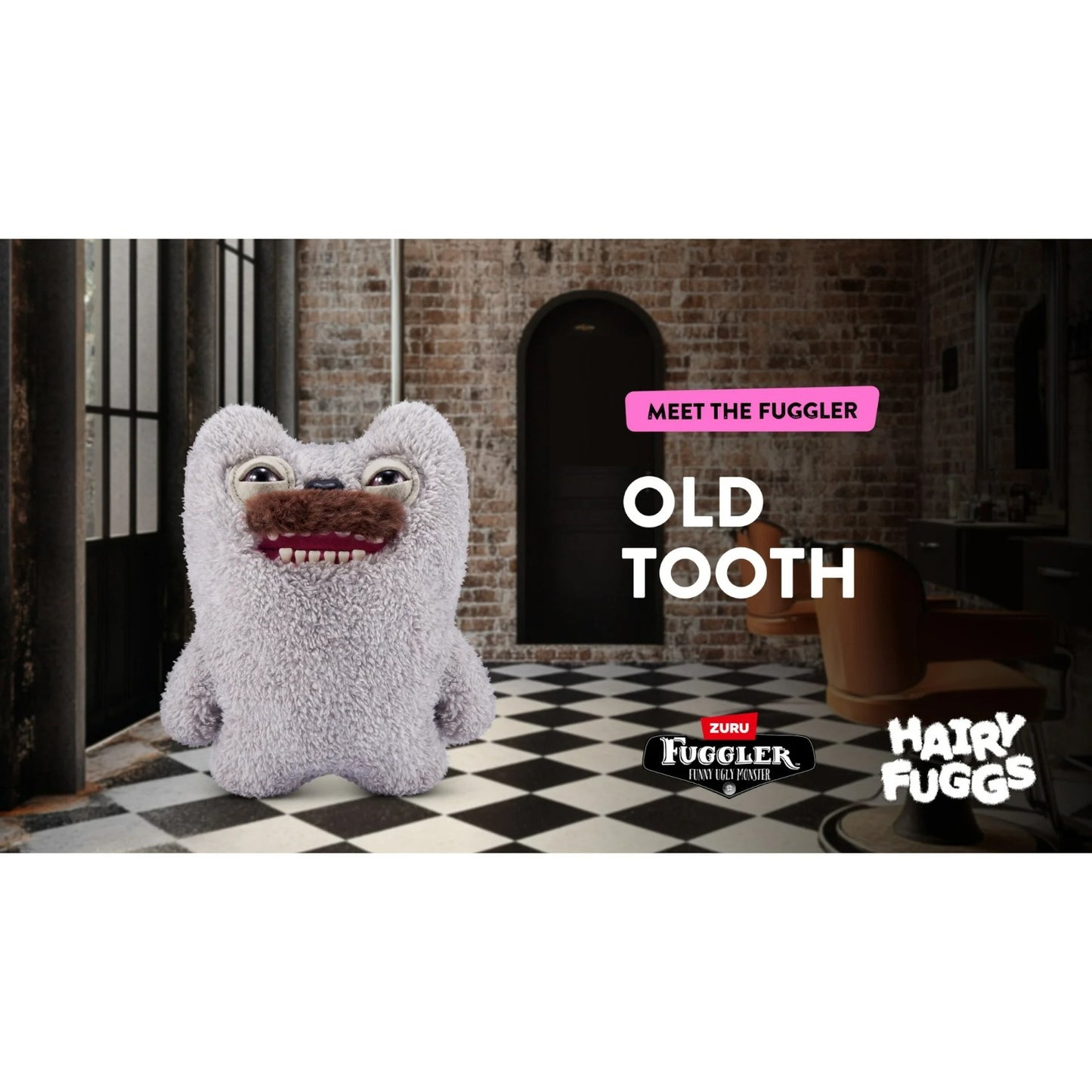 Hairy Fuggs Old Tooth Fuggler plush with grey fur and prominent moustache marketing by Zuru