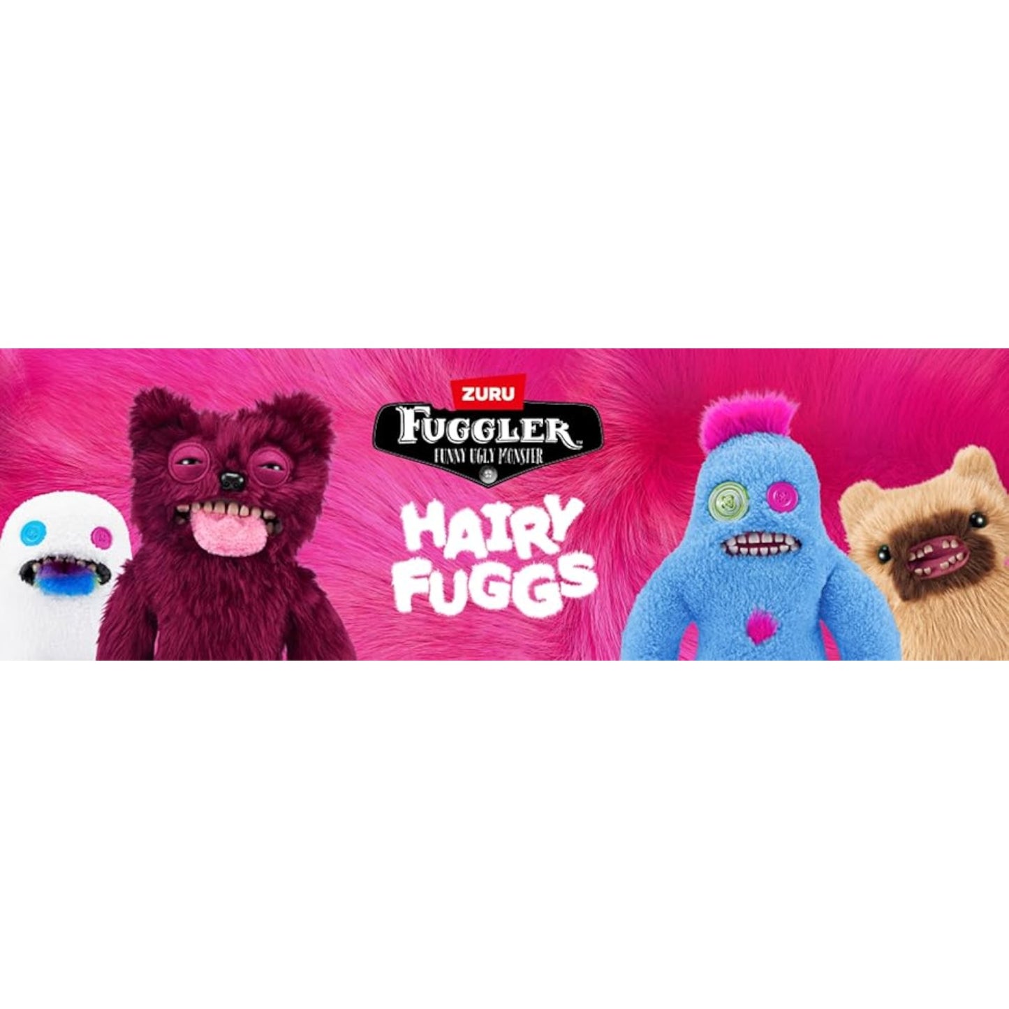 Fuggler Hairy Fuggs toy figures with Zuru logo on a pink background