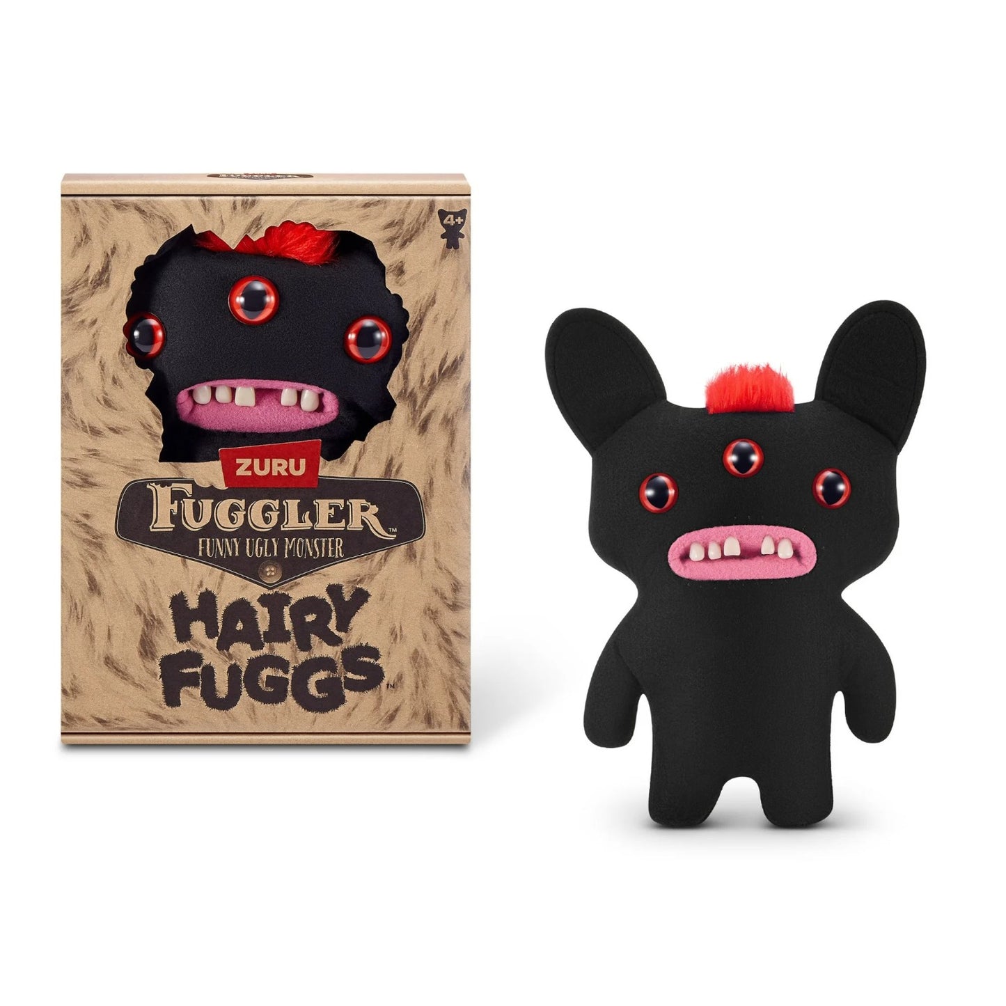 Hairy Fuggs Reeko Fuggler plush with black fur and red mohawk beside display box Zuru