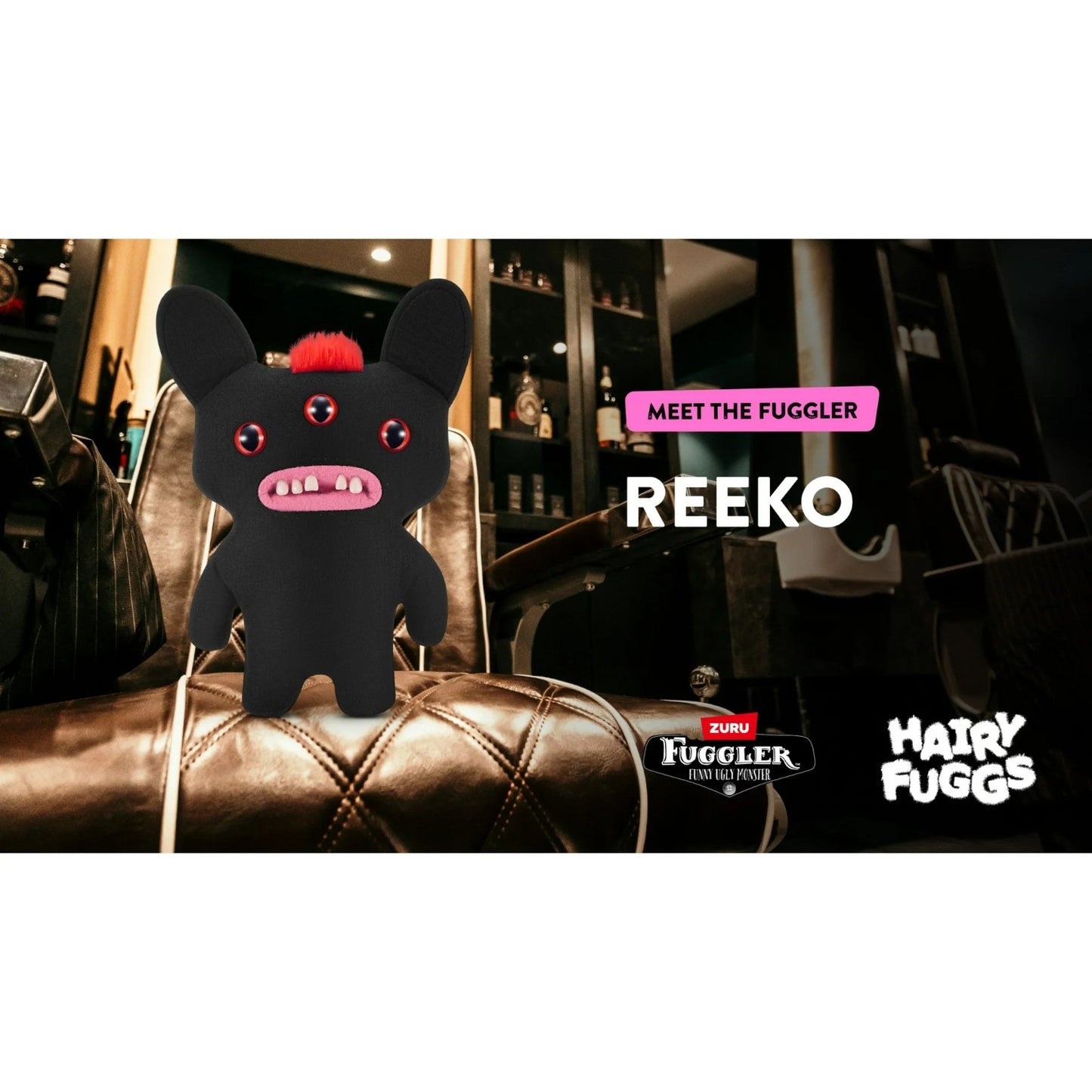 Hairy Fuggs Reeko Fuggler plush with black fur and red mohawk marketing by Zuru