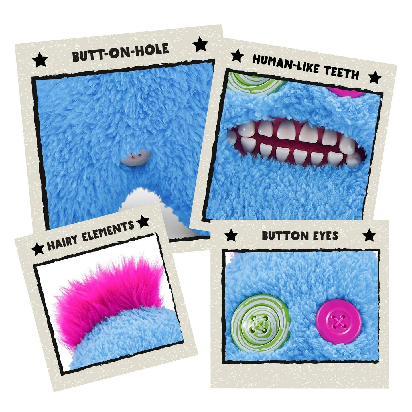 Hairy Fuggs Sasquoosh Fuggler plush with vibrant blue fur and pink tuft close up