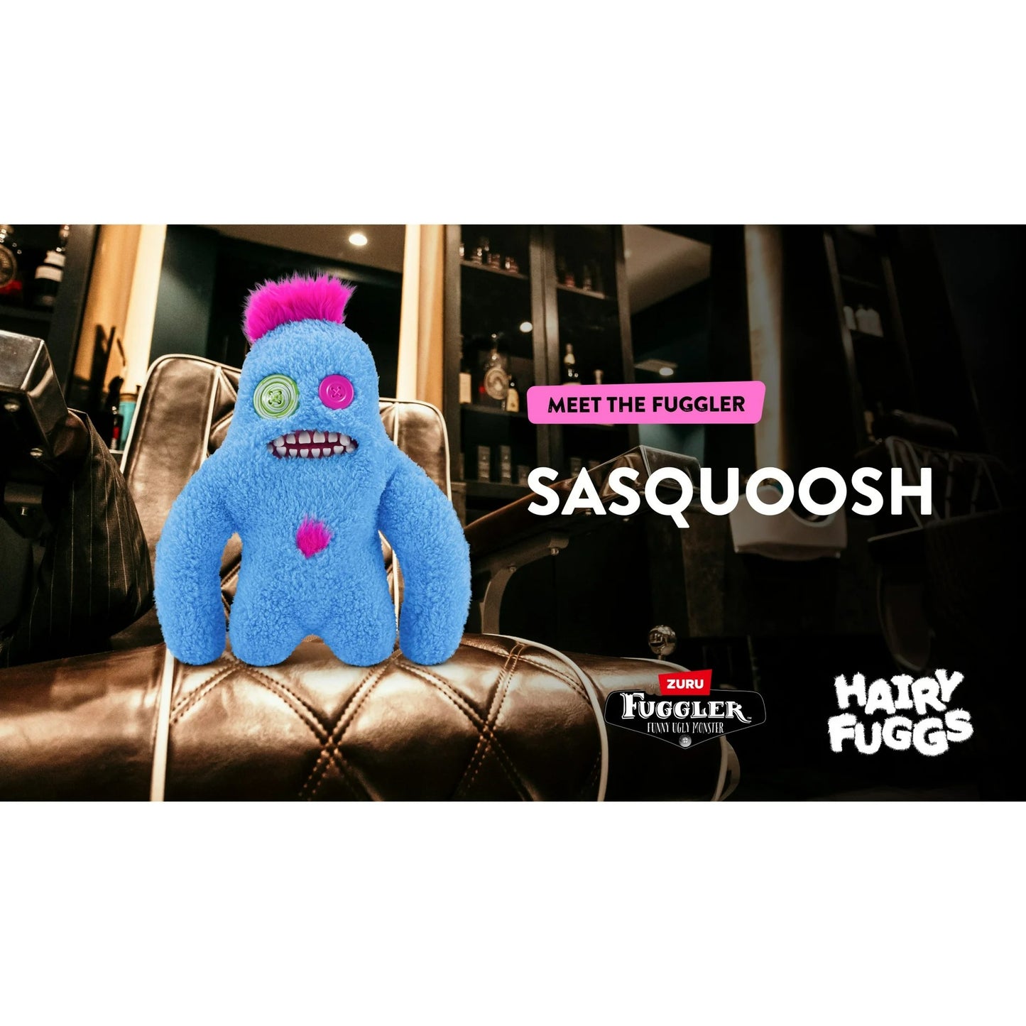 Hairy Fuggs Sasquoosh Fuggler plush with vibrant blue fur and pink tuft marketing by Zuru