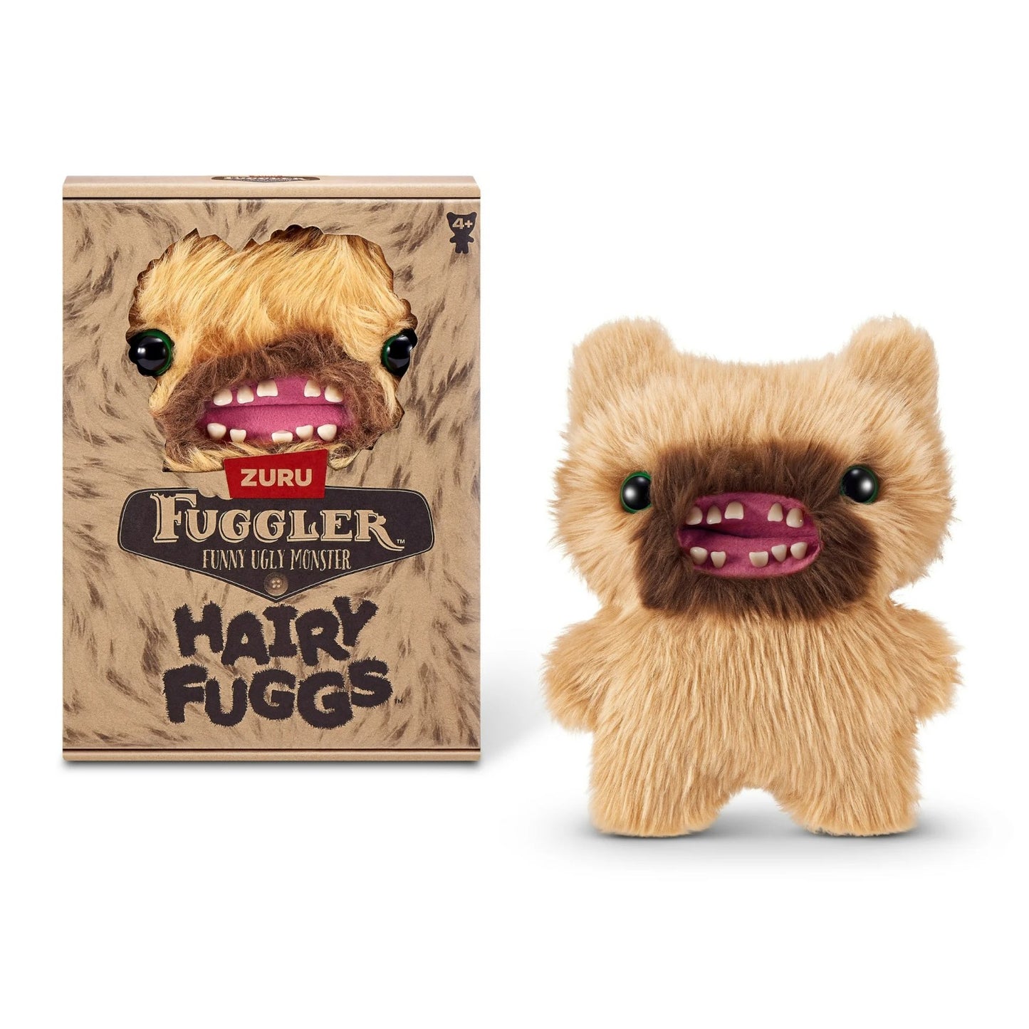 Hairy Fuggs Screech Fuggler plush with tan fur and quirky beard beside display box