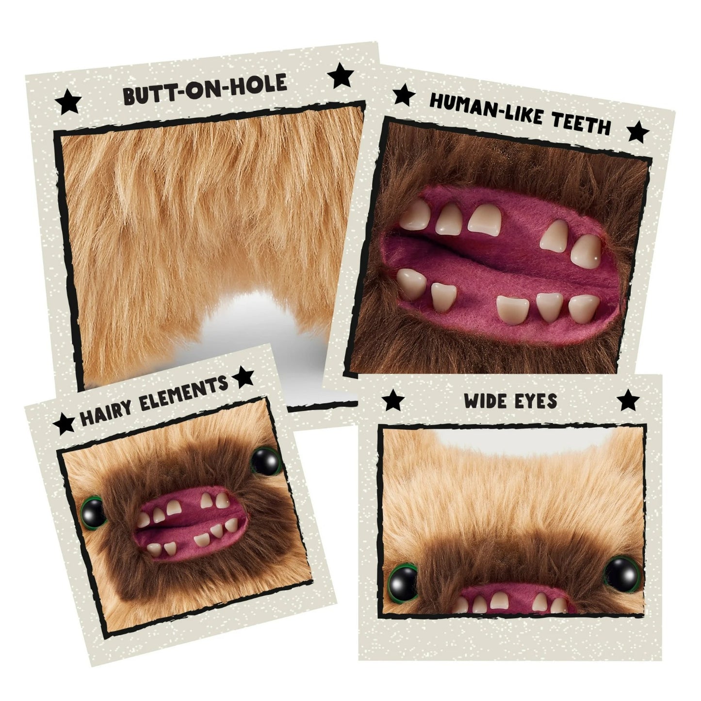 Hairy Fuggs Screech Fuggler plush with tan fur and quirky beard close-up