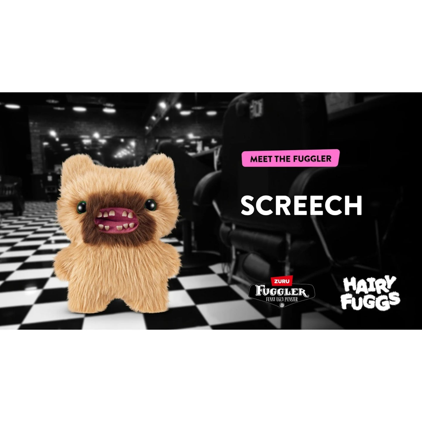 Hairy Fuggs Screech Fuggler plush with tan fur and quirky beard marketing