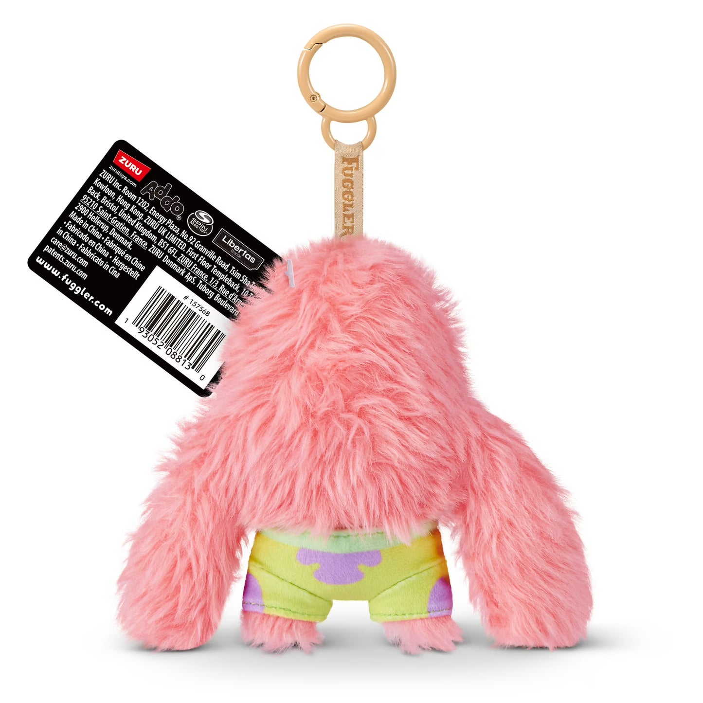 Fuggler SpongeBob SquarePants Patrick 5-inch plush keyring featuring a funny ugly monster face with human-like teeth, a fuzzy pink plush body, and a sturdy bag clip.