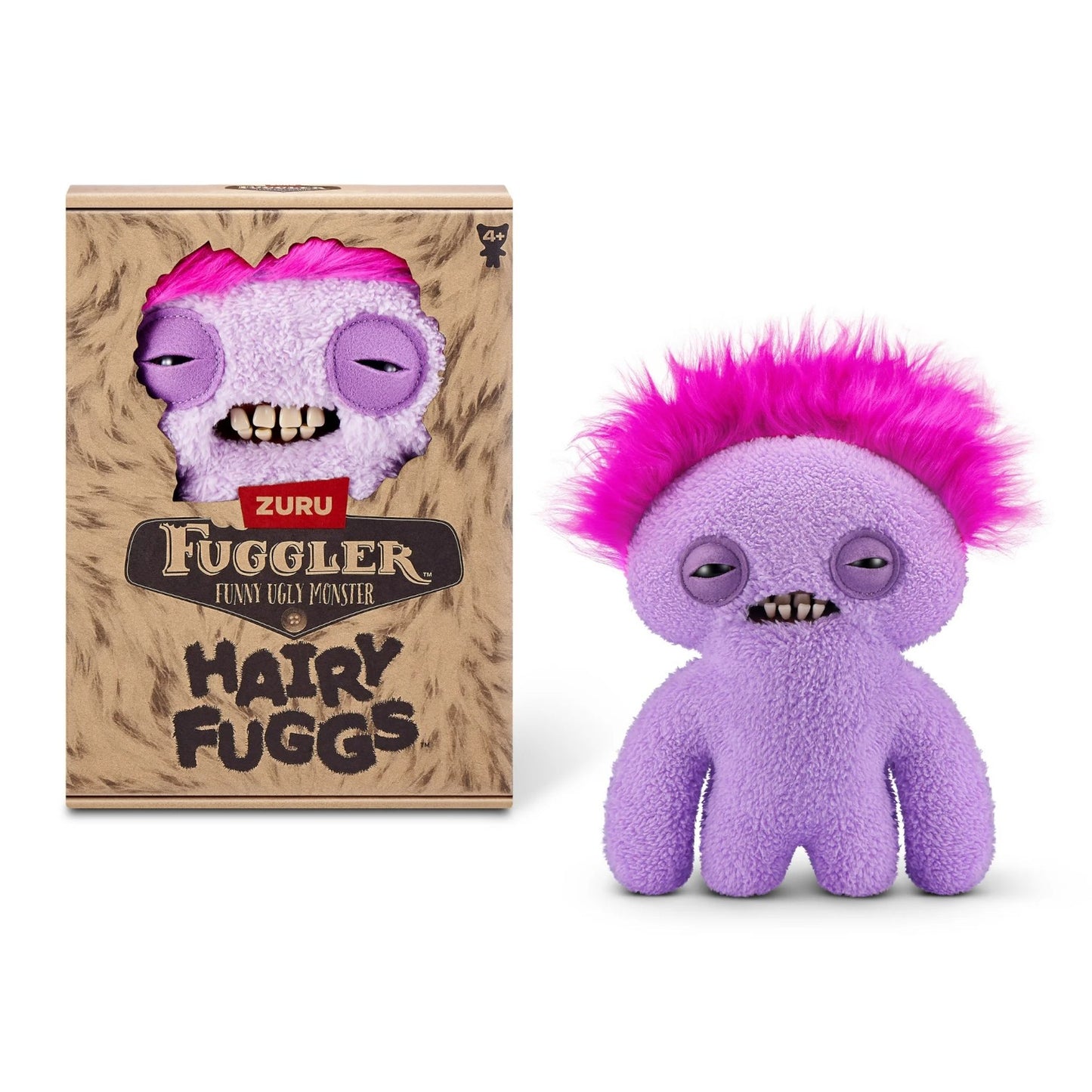 Hairy Fuggs Squidge Fuggler plush with purple hue and pink mohawk beside display box
