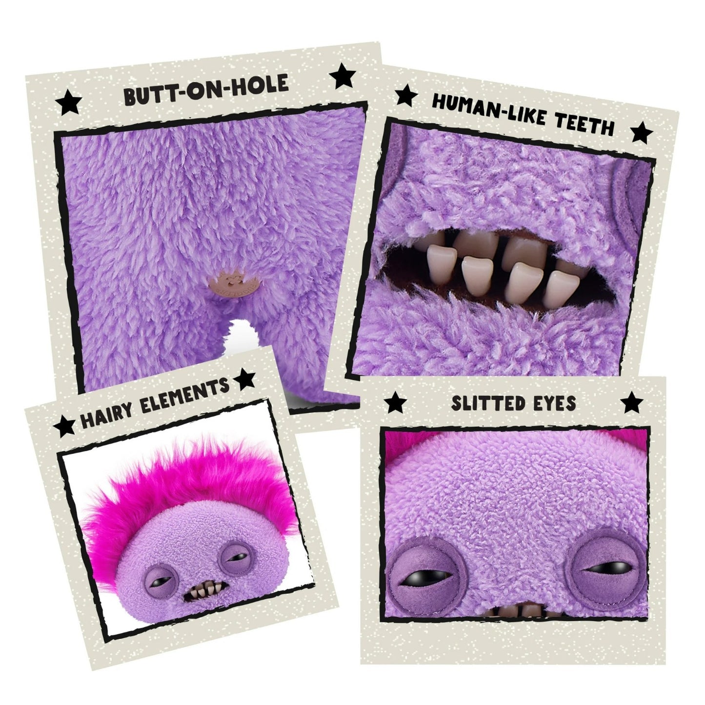 Hairy Fuggs Squidge Fuggler plush with purple hue and pink mohawk close up