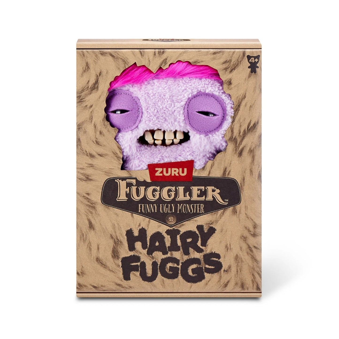 Hairy Fuggs Squidge Fuggler plush with purple hue and pink mohawk in display box zuru