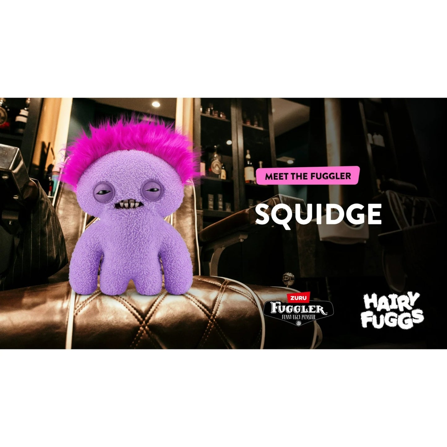 Hairy Fuggs Squidge Fuggler plush with purple hue and pink mohawk marketing by zuru