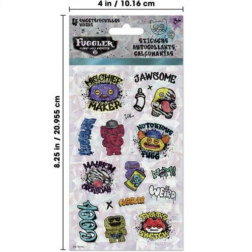 Sheet of stickers with various designs on a clear backing, branded 'Fuggler'.