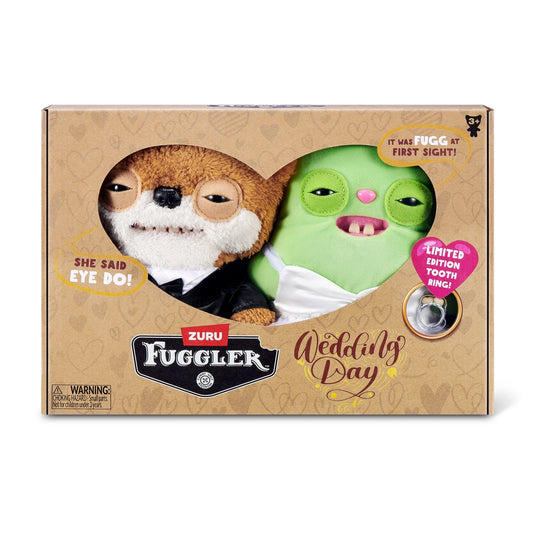 Fuggler Wedding Fuggs 2-Pack featuring green Rabid Rabbit bride in dress and brown Teddy Bear Nightmare groom in tuxedo with tooth ring inlimited edition display box packaging.