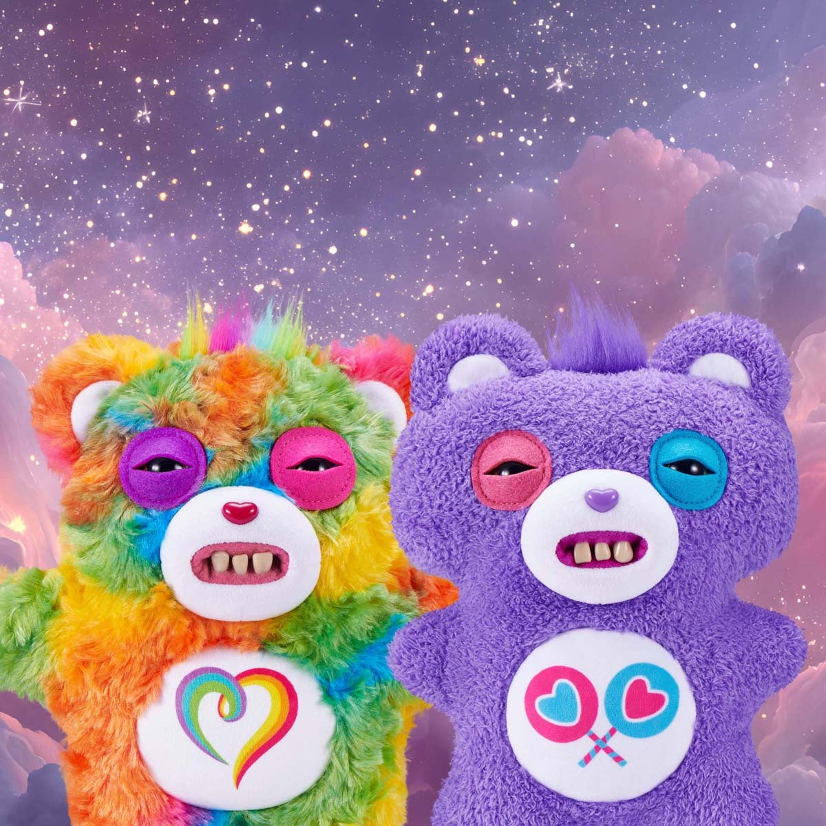 Fuggler x Care Bears Togetherness Bear plush and Share Bear Care Bear with a purple night sky background