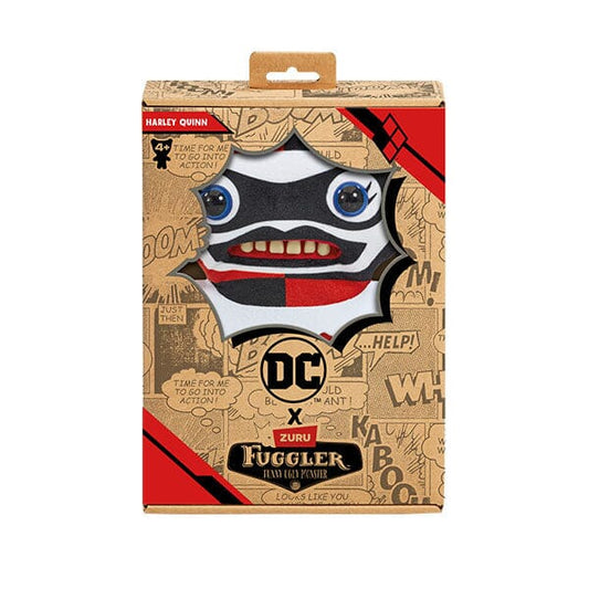 The Fuggler x DC Harley Quinn plush inside its collector box, featuring comic book style graphics and the classic Harley Quinn diamond logo.