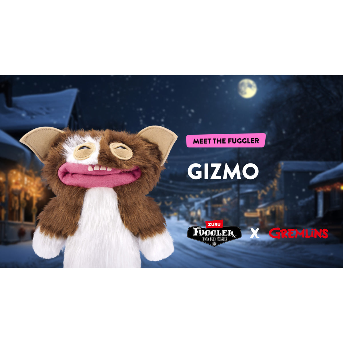 Stuffed toy resembling Gizmo from Gremlins with a night scene background