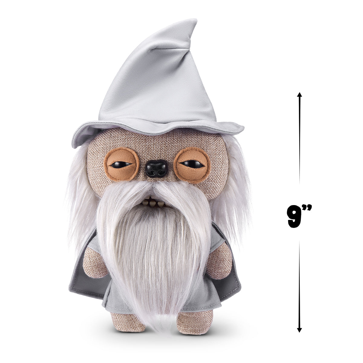 A product photo of the Gandalf Fuggler plush with a scale indicator showing the toy's height is 9 inches (22cm).