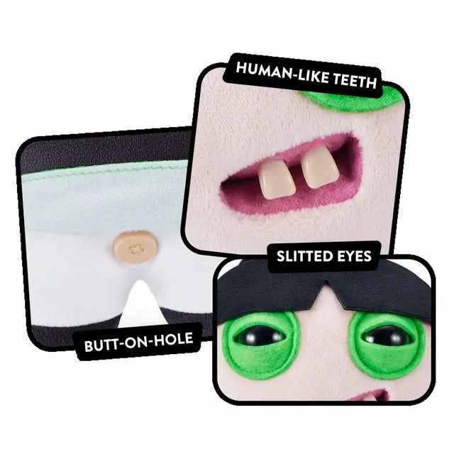 The Fuggler x Powerpuff Girls Buttercup plush close up of features like human-like teeth and slitted eyes.