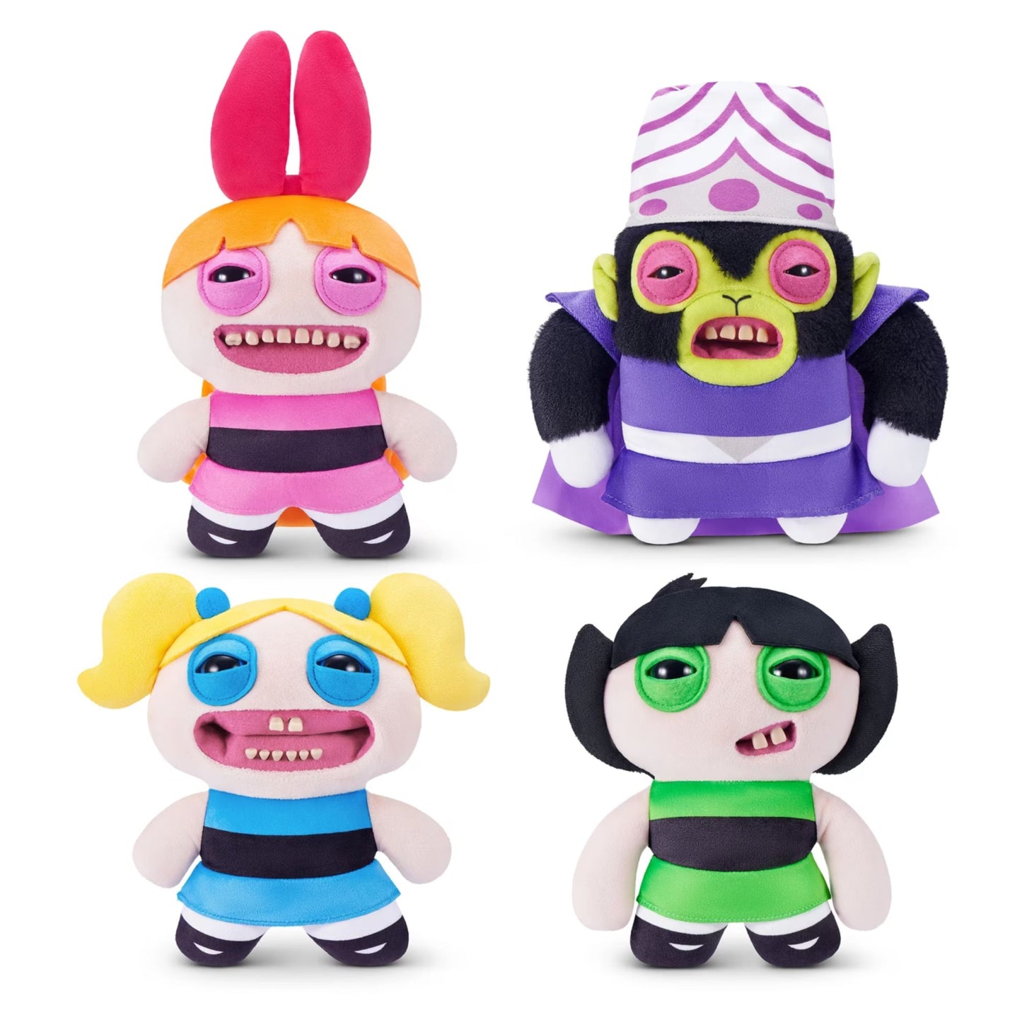 A group photo of the Fuggler x Powerpuff Girls collection featuring Blossom, Bubbles, Buttercup, and Mojo Jojo plush toys.