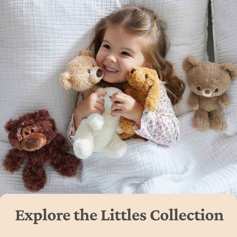 Child holding teddy bears with text 'Explore the Littles Collection' on a light background