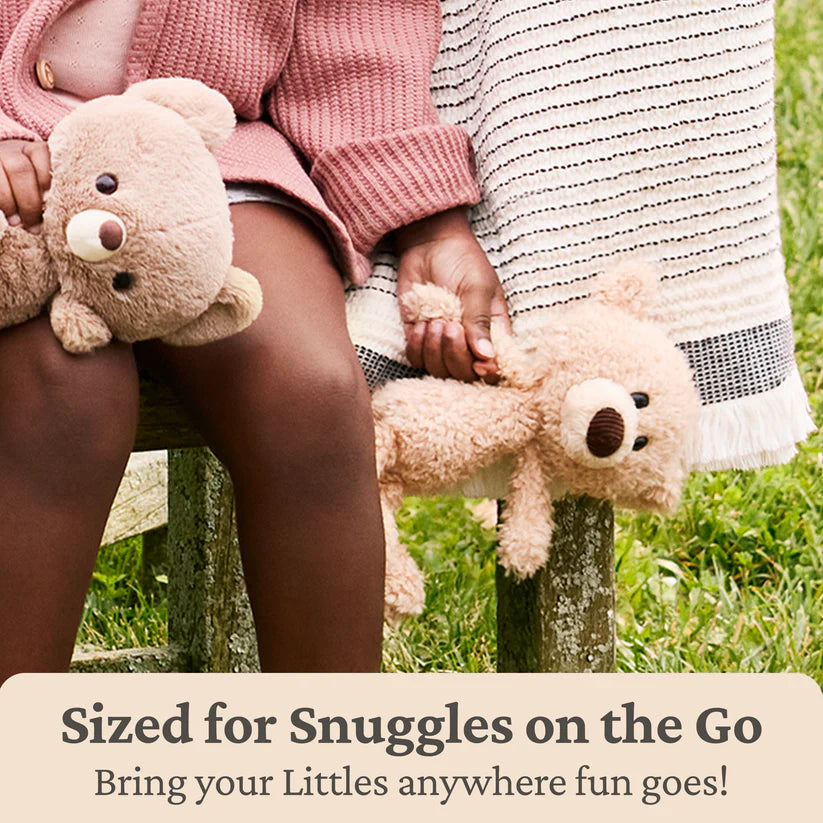 Two children holding teddy bears in a grassy area with promotional text about teddy bears being 'Sized for Snuggles on the Go'.