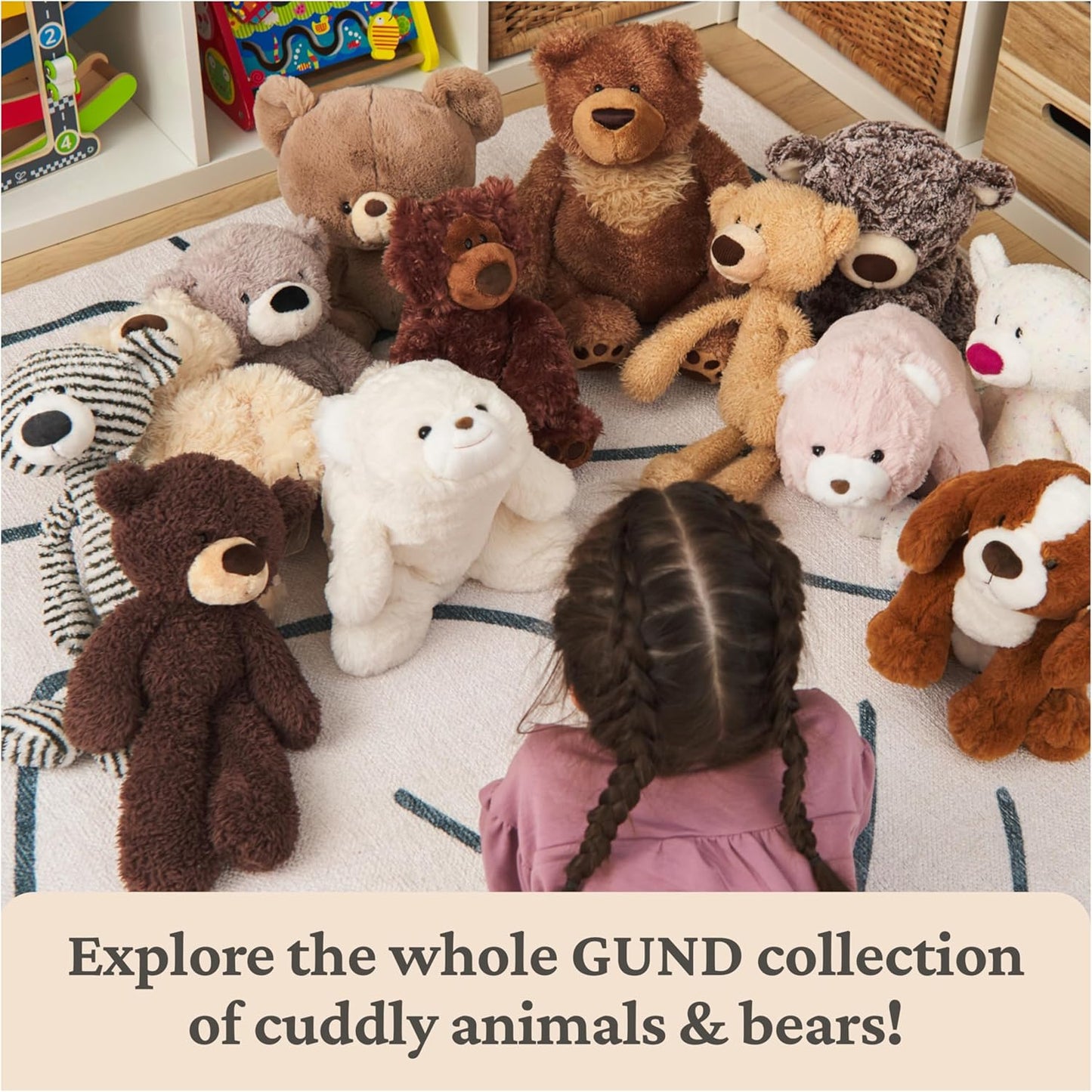 Group of stuffed animals including teddy bears and a child sitting among them on a rug.