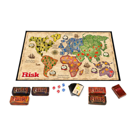 Risk board game set with world map and game pieces on a white background