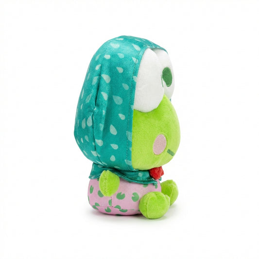 Hello Kitty and Friends plush featuring Keroppi wearing a teal raindrop-patterned hood, a red bow tie, and pink pants with green lily pads.