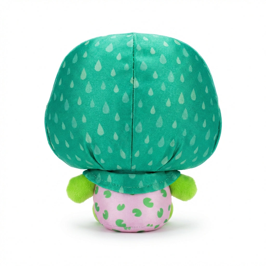 Hello Kitty and Friends plush featuring Keroppi wearing a teal raindrop-patterned hood, a red bow tie, and pink pants with green lily pads.