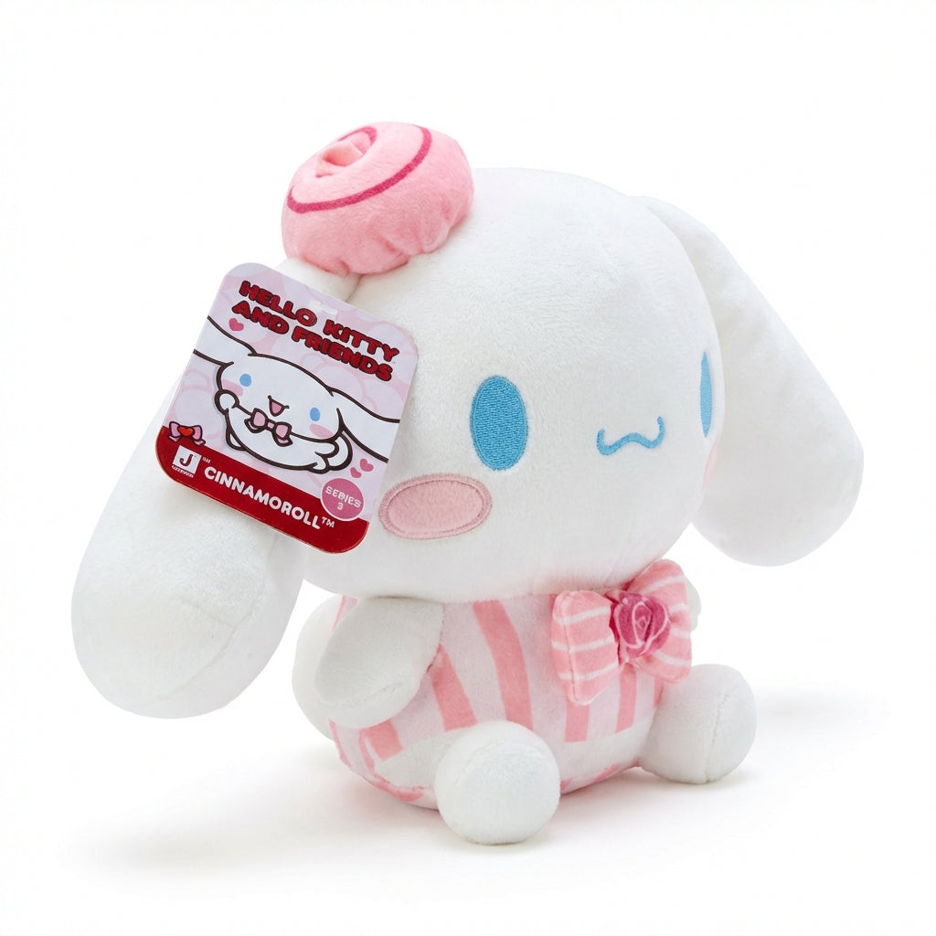 Valentine’s Cinnamoroll 8-inch plush in pink striped outfit with heart bow and candy topper, Hello Kitty and Friends Series 3 by Jazwares