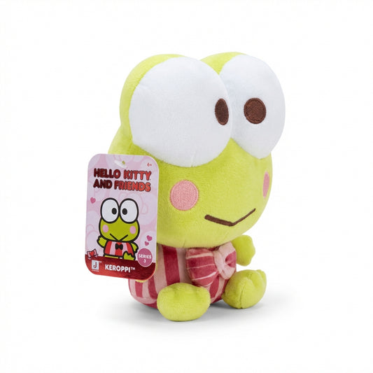 Side view of Valentine’s Keroppi 8-inch plush with swing tag, showing pink striped outfit and heart detail, Hello Kitty and Friends Series 3