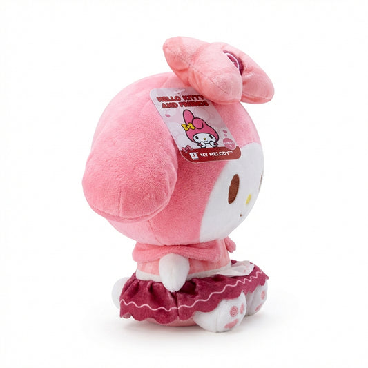 Side view of Valentine’s My Melody 8-inch plush with swing tag, showing heart bow, pink hood, and ruffled skirt